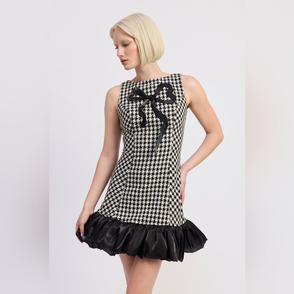 En Saison Marley Houndstooth Bubble Hem Mini Dress w/ Organza Bow – Size S NWT - Picture 1 of 8